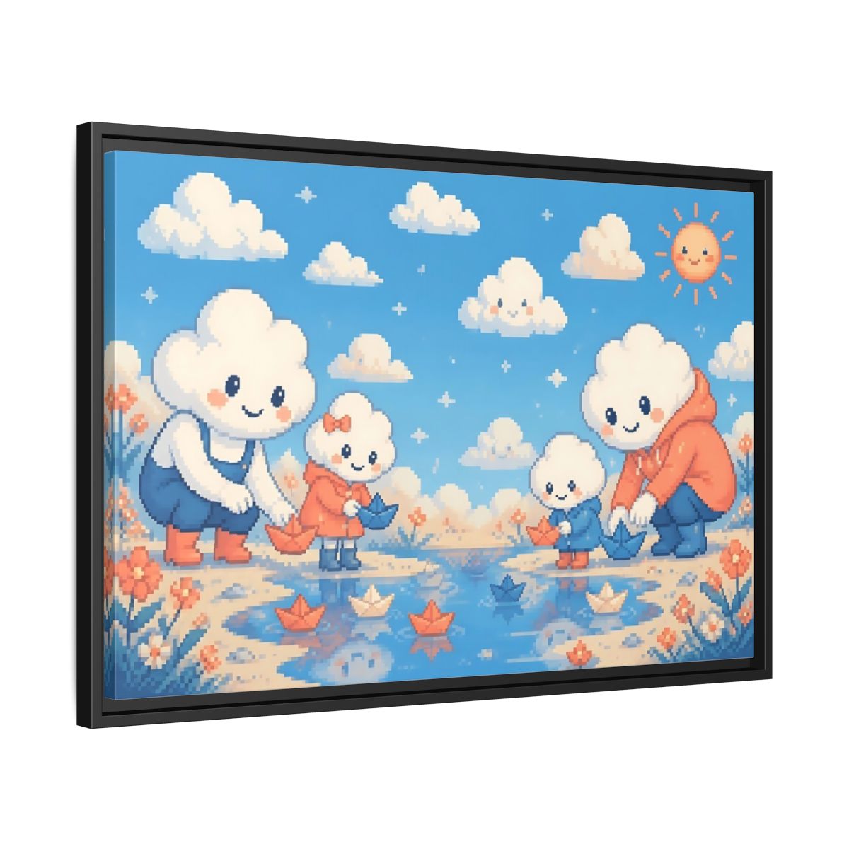 Side Mockup 14. Cloud Family Paper Boats shown as framed canvas print