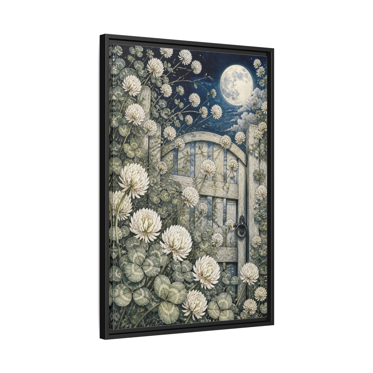 Side Mockup 14. Clover Flowers Garden Gate shown as framed canvas print