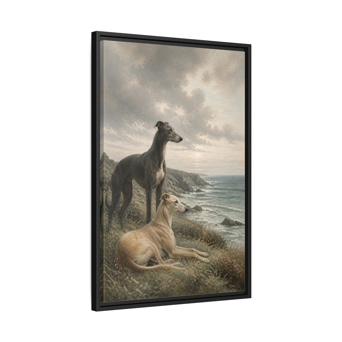 Side Mockup 14. Coastal Greyhound Pets shown as framed canvas print