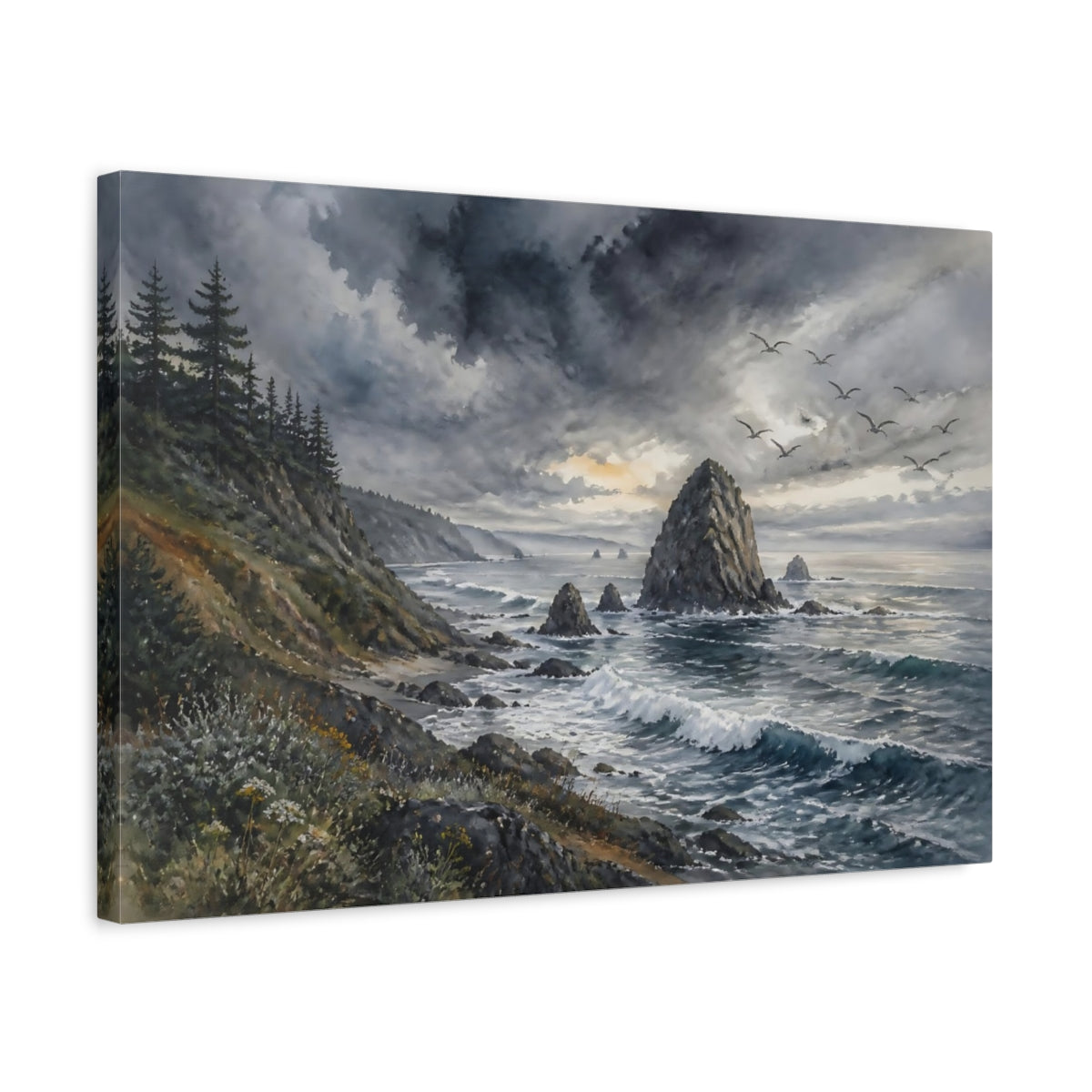 Side Mockup 3. Coastal Sea Stack Landscape shown as canvas print