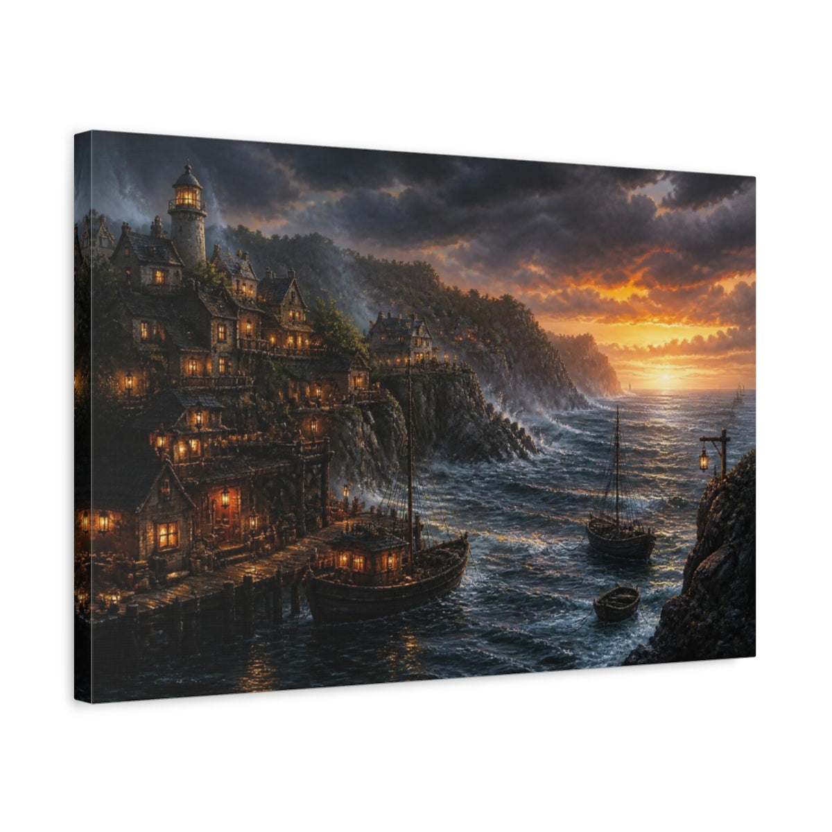 Side Mockup 3. Coastal Village Landscape shown as canvas print