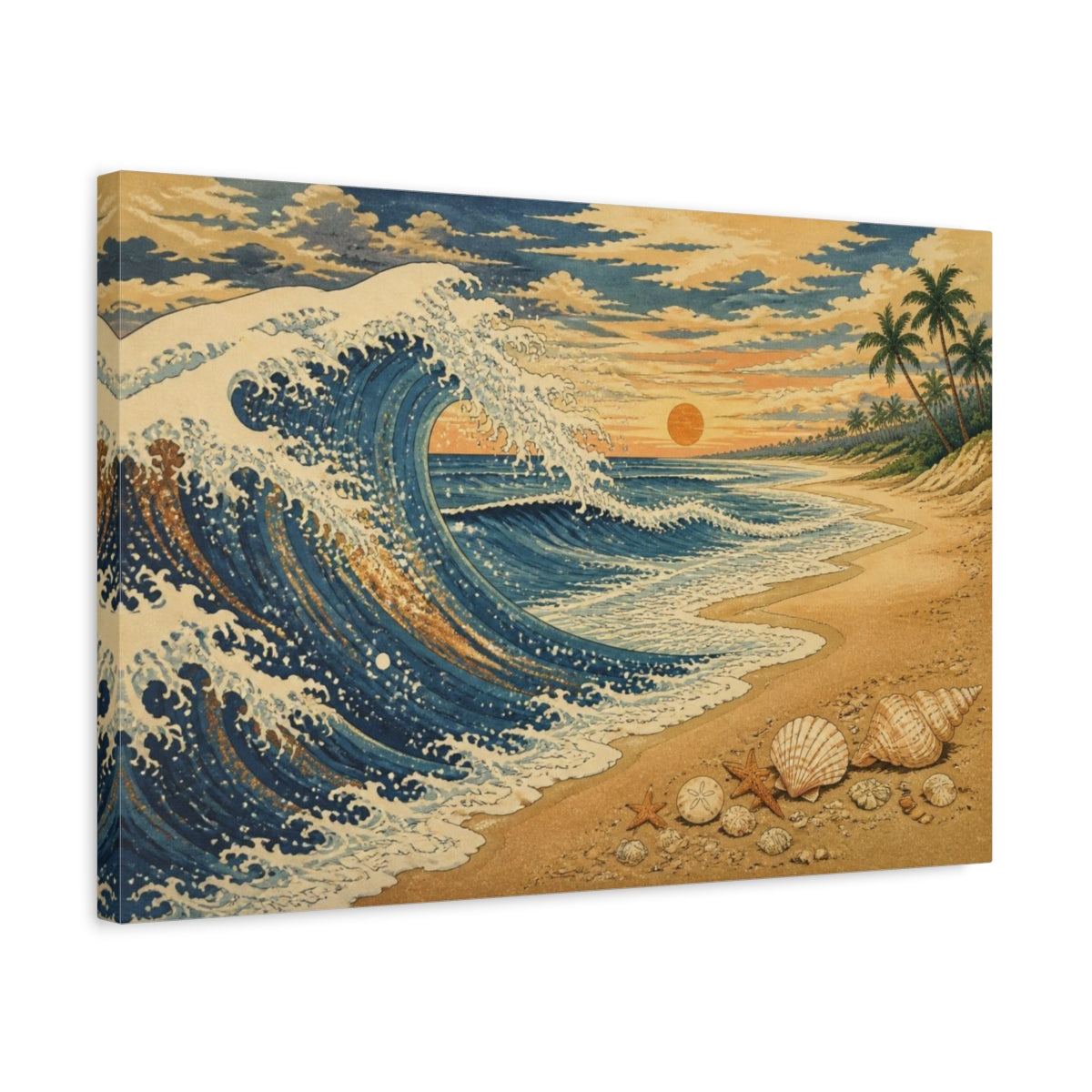 Side Mockup 3. Coastal Wave With Shells shown as canvas print