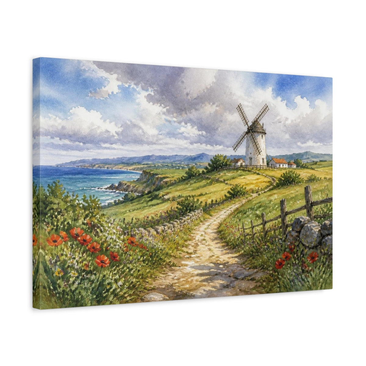 Side Mockup 3. Coastal Windmill Landscape shown as canvas print