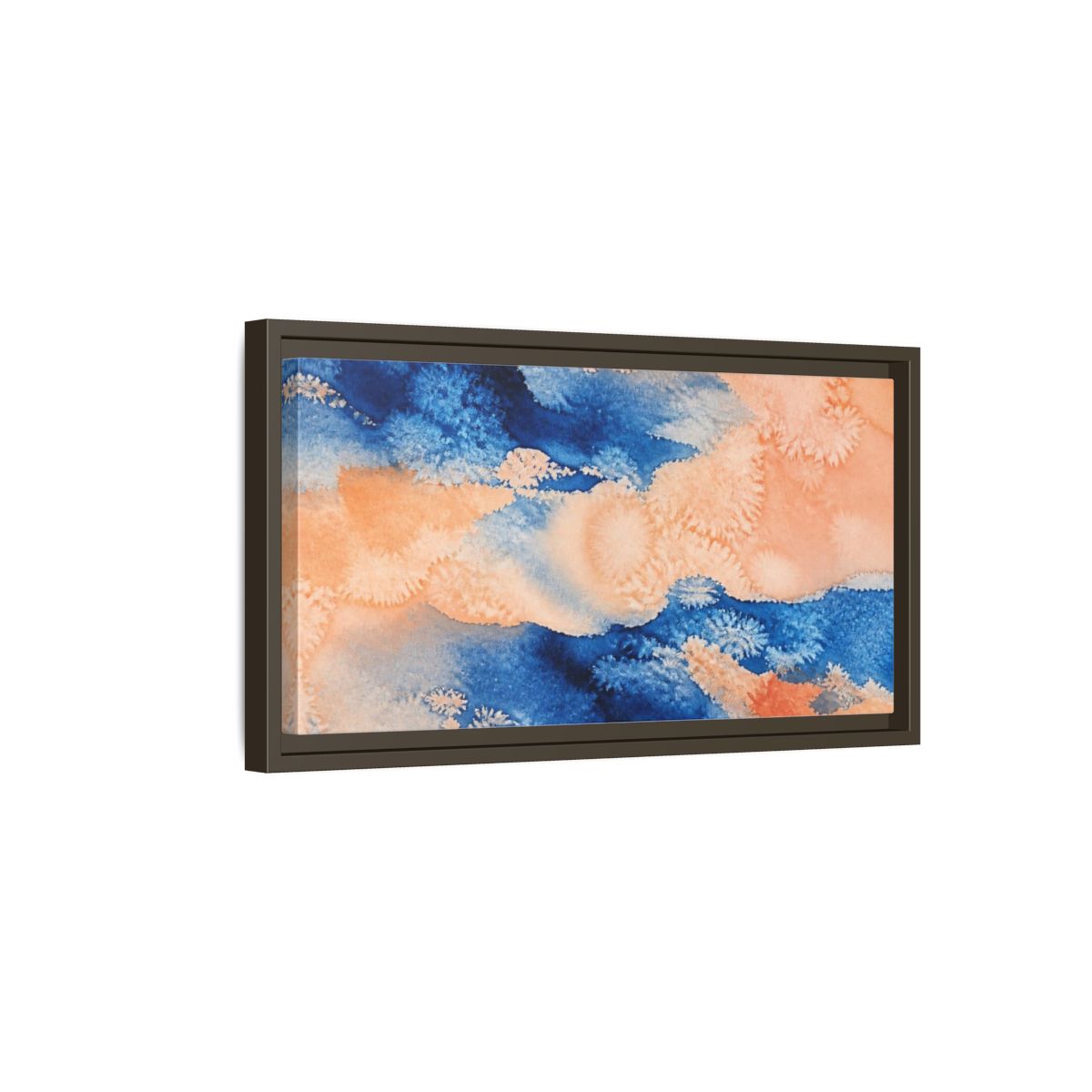 Side Mockup 7. Cobalt And Peach Wash shown as framed canvas print
