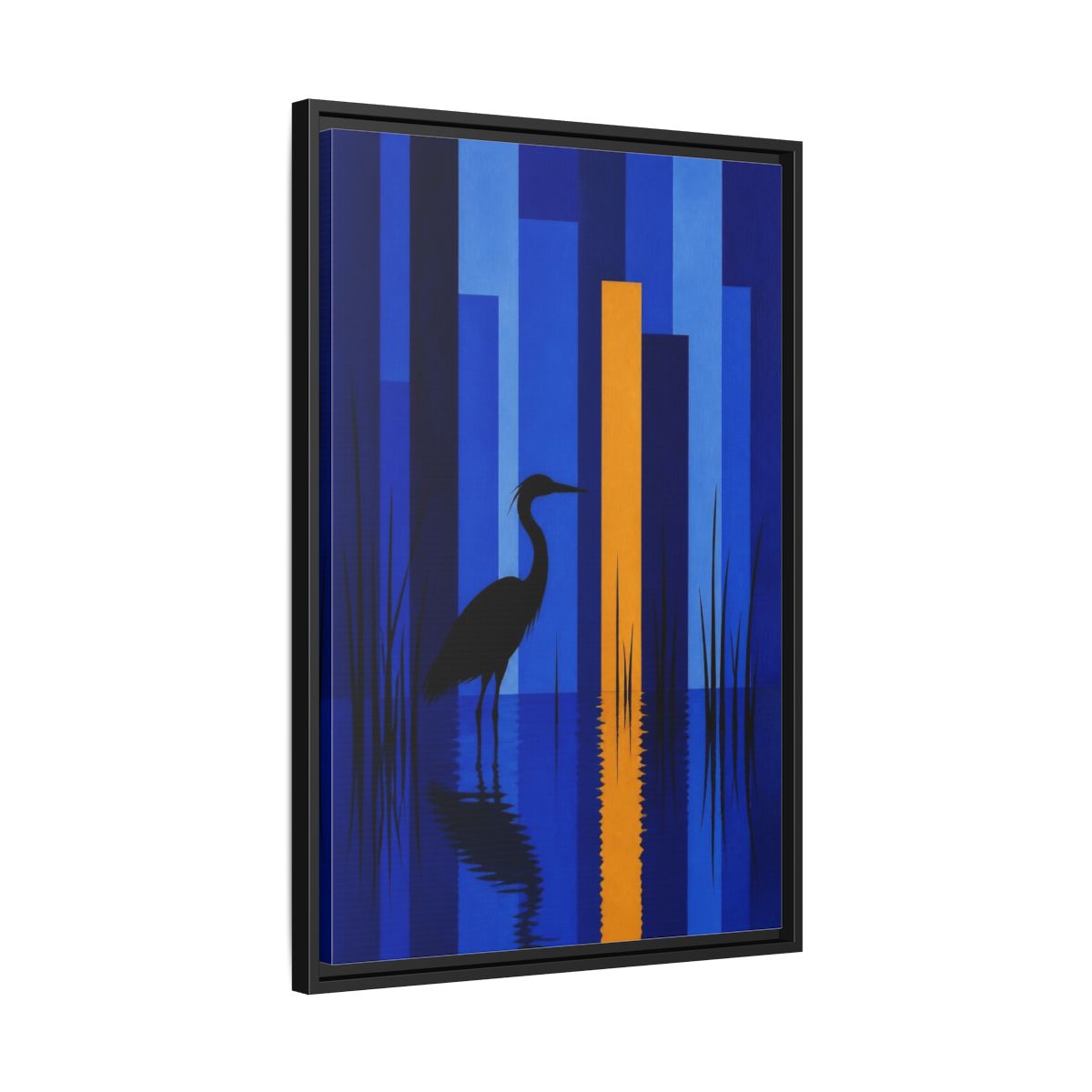 Side Mockup 14. Cobalt Heron Reflection shown as framed canvas print