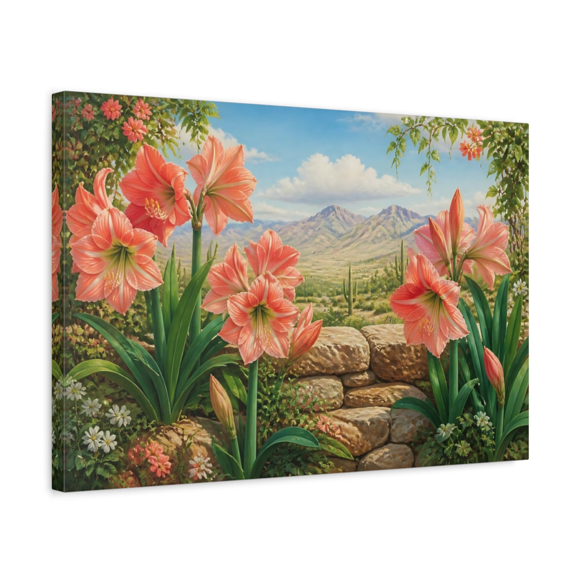 Side Mockup 3. Coral Lily Floral Vista shown as canvas print
