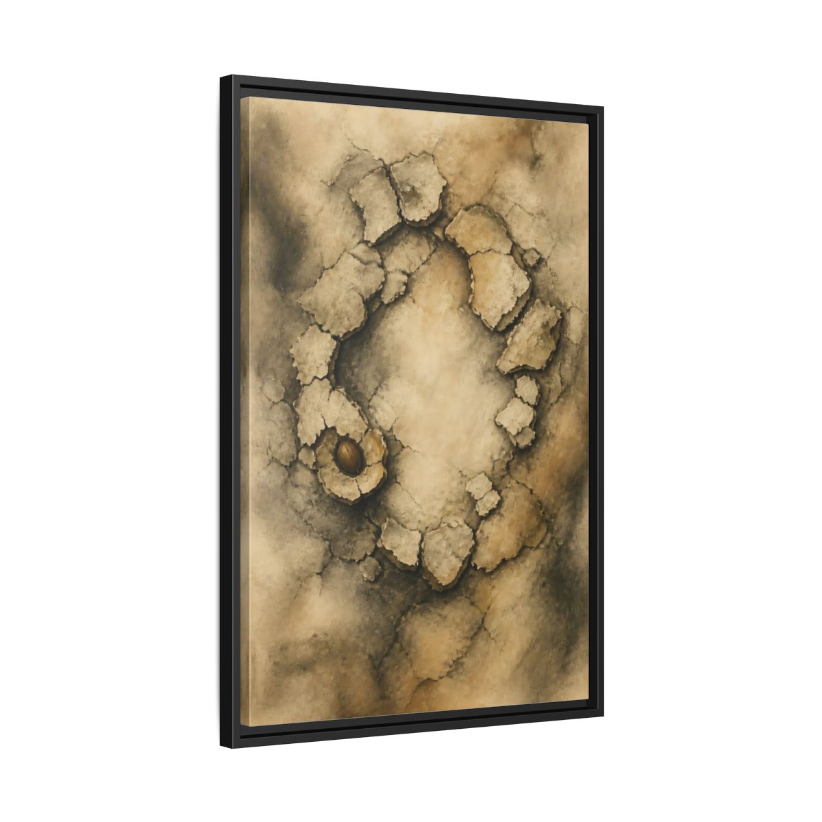 Side Mockup 14. Cracked Earth Circle shown as framed canvas print