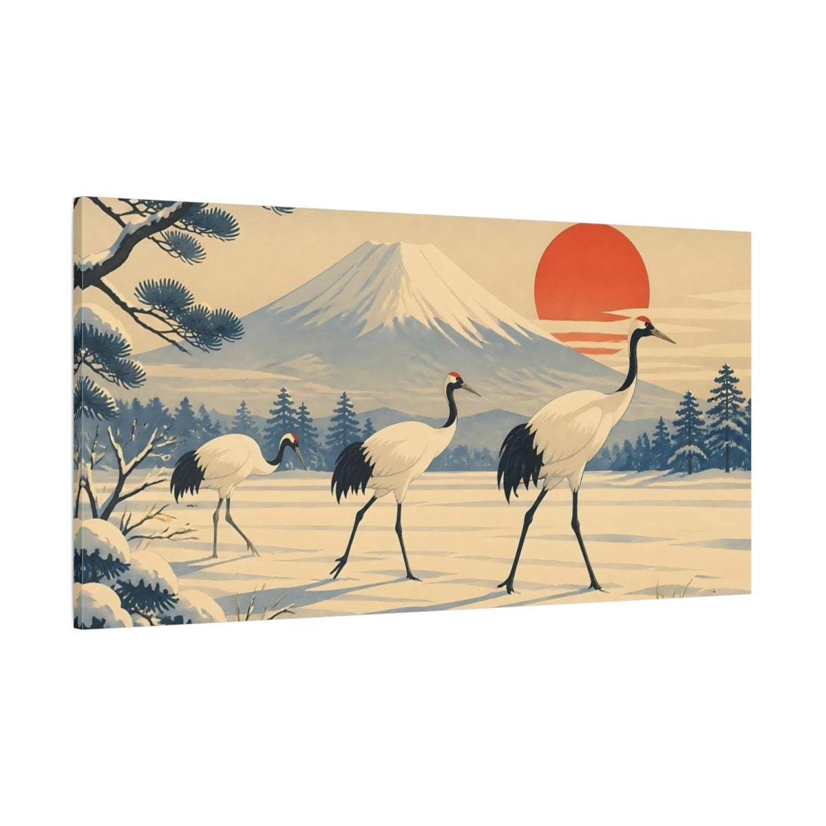 Side Mockup 2. Cranes At Mount Fuji shown as canvas print