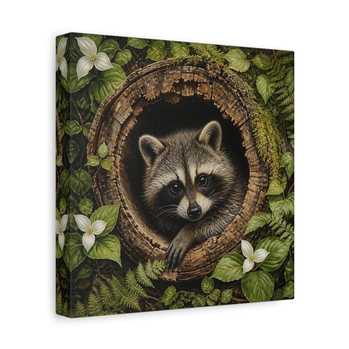 Side Mockup 9. Curious Raccoon In Hollow Log shown as canvas print