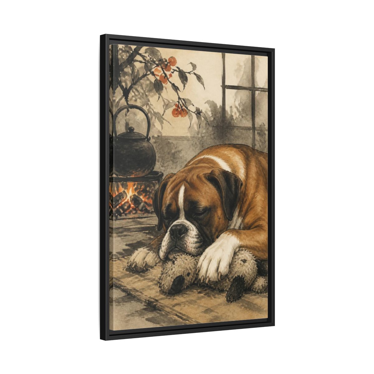 Side Mockup 14. Dozing Boxer Pet shown as framed canvas print