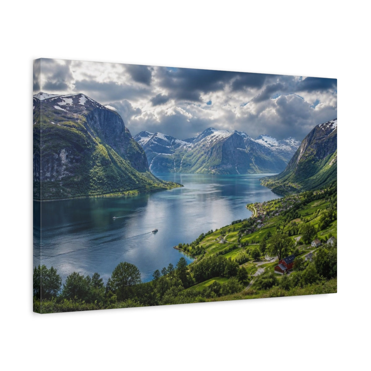 Side Mockup 3. Dramatic Fjord Village shown as canvas print