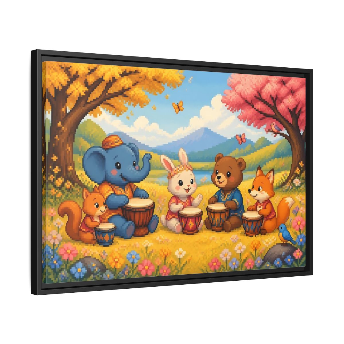 Side Mockup 14. Drumming Forest Animals shown as framed canvas print