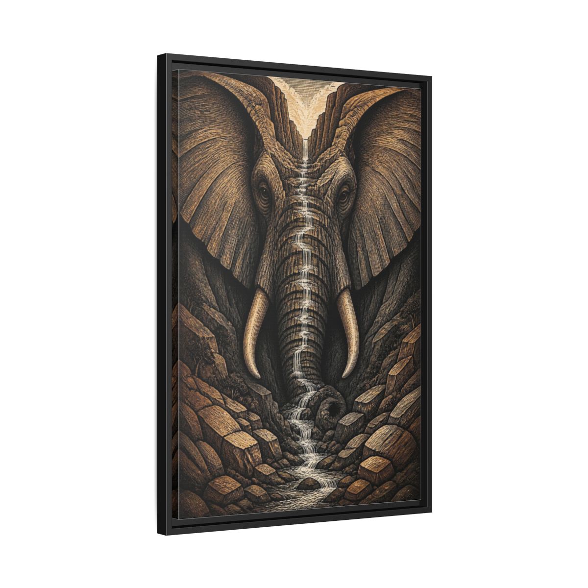 Side Mockup 14. Elephant Illusion Waterfall shown as framed canvas print
