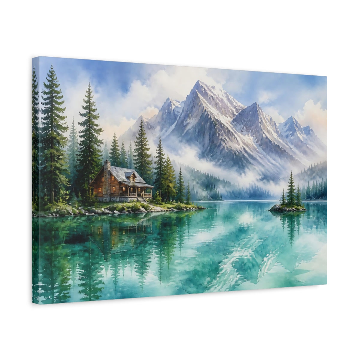 Side Mockup 3. Emerald Alpine Lake Landscape shown as canvas print