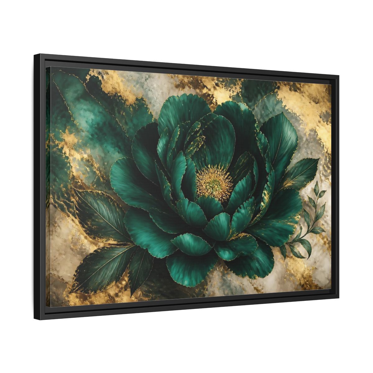 Side Mockup 14. Emerald Peony With Gold shown as framed canvas print