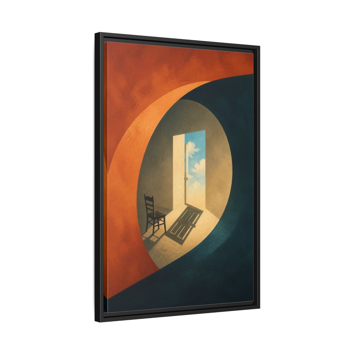 Side Mockup 14. Empty Chair Illusion shown as framed canvas print