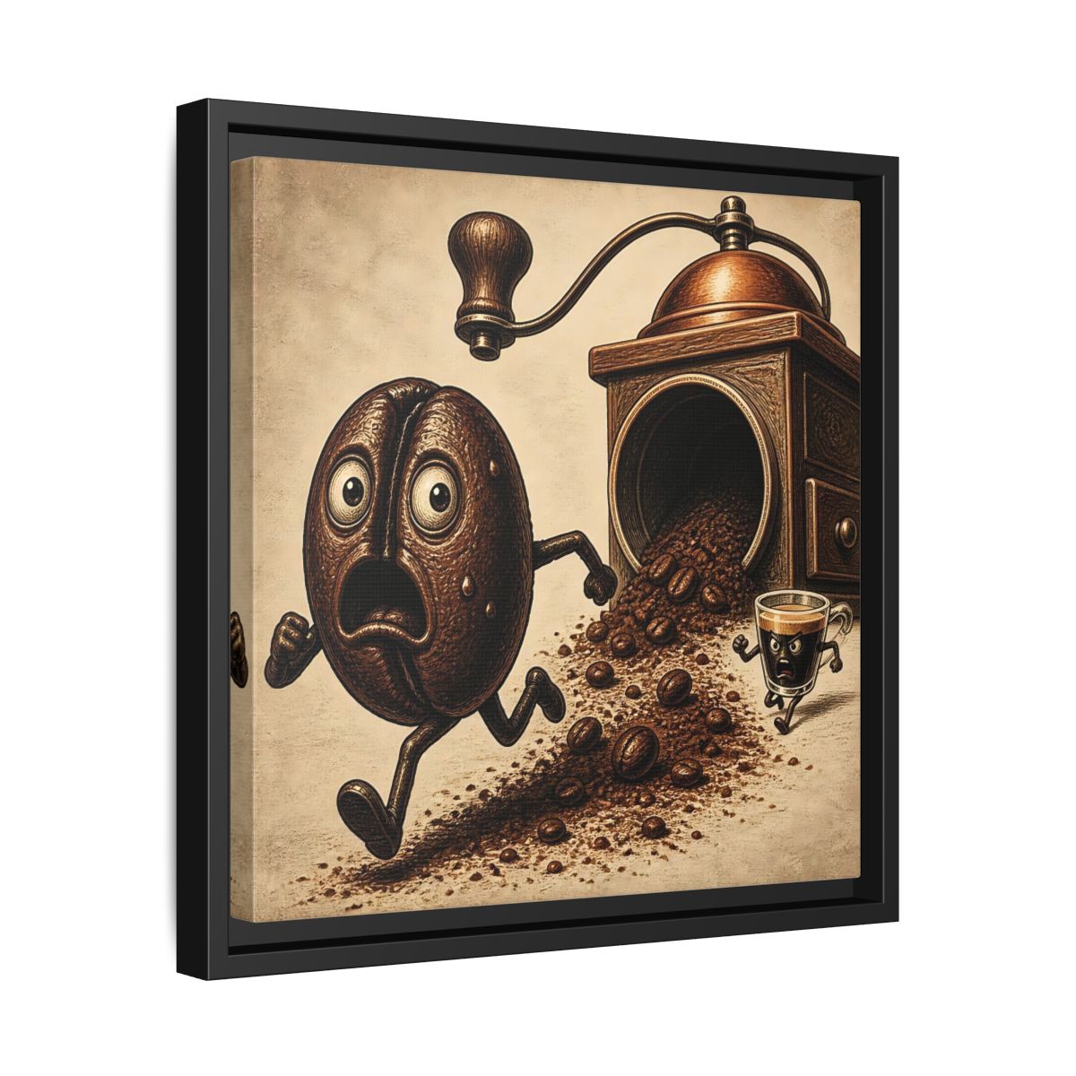 Side Mockup 32. Escaping Coffee Bean Chase shown as framed canvas print