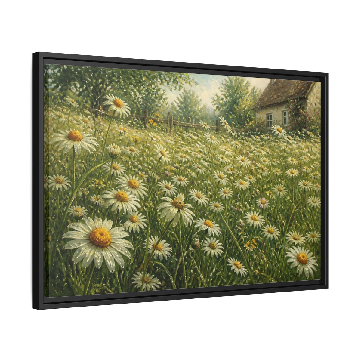 Side Mockup 14. Floral Chamomile Meadow shown as framed canvas print