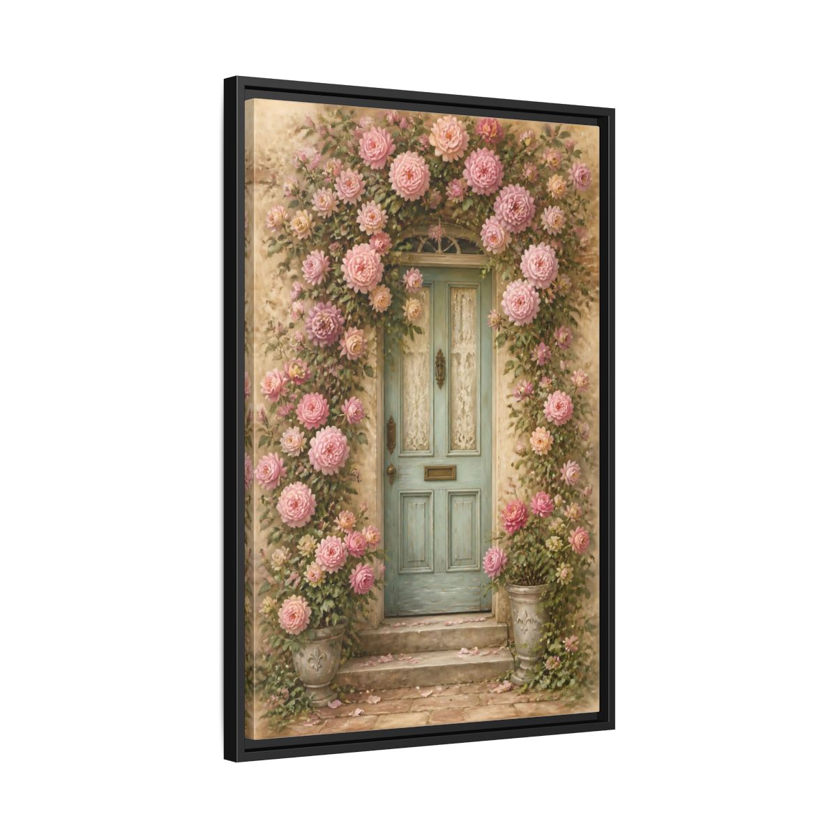 Side Mockup 14. Floral Rose Covered Blue Door shown as framed canvas print