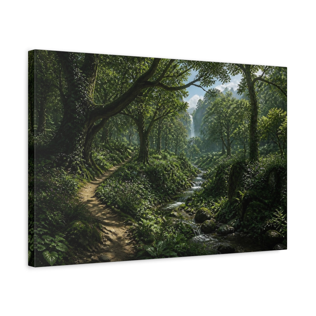 Side Mockup 3. Forest Path With Waterfall shown as canvas print