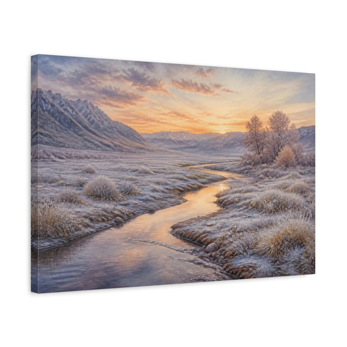 Side Mockup 3. Frosted River Landscape At Dawn shown as canvas print