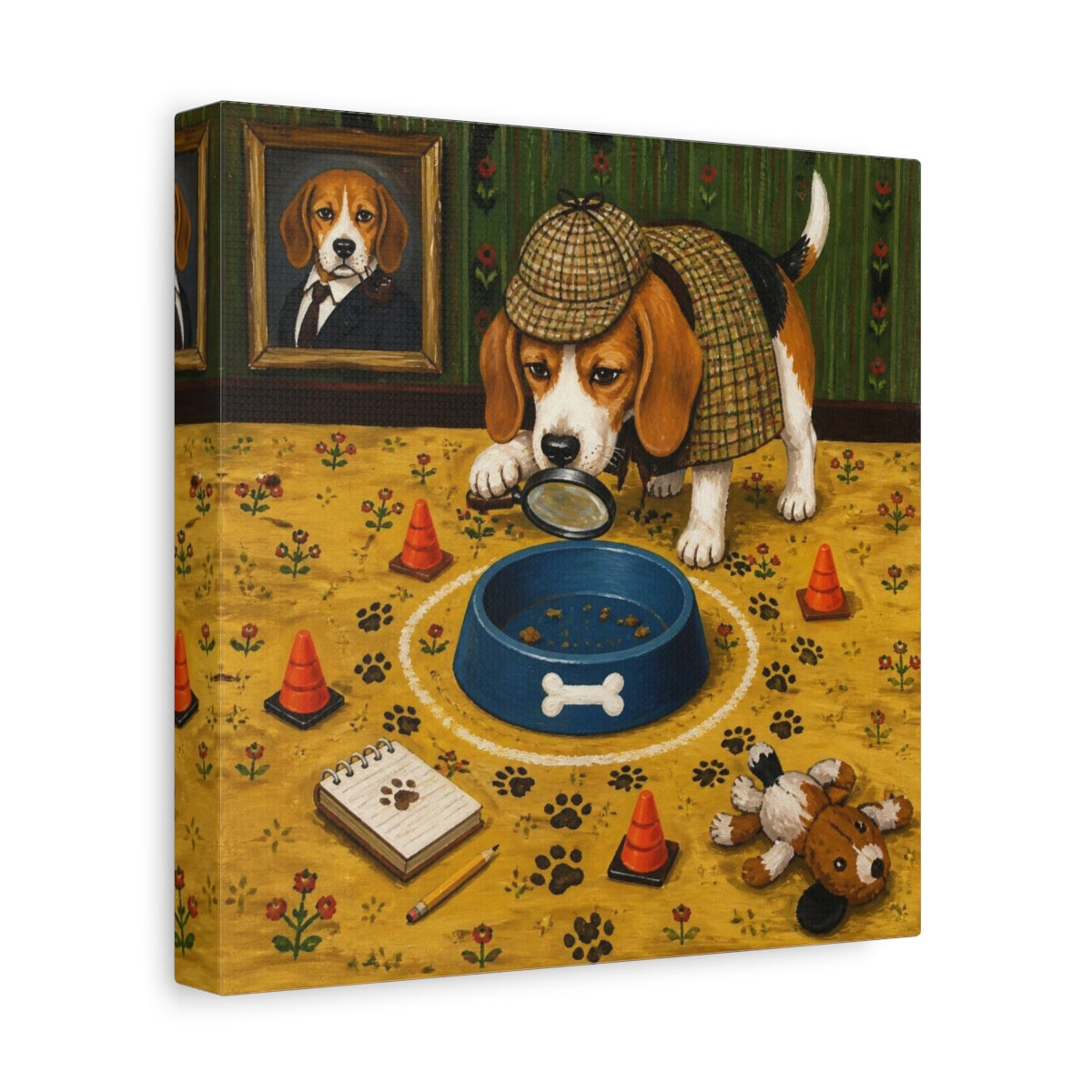 Side Mockup 9. Funny Beagle Detective shown as canvas print