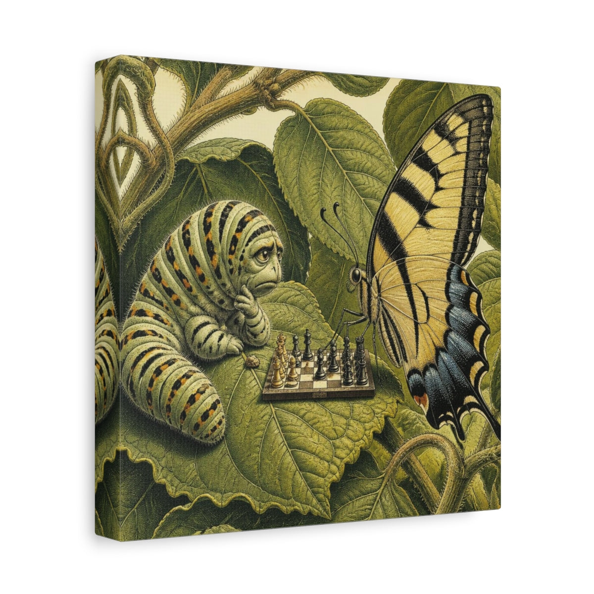 Side Mockup 9. Funny Caterpillar Chess Match shown as canvas print