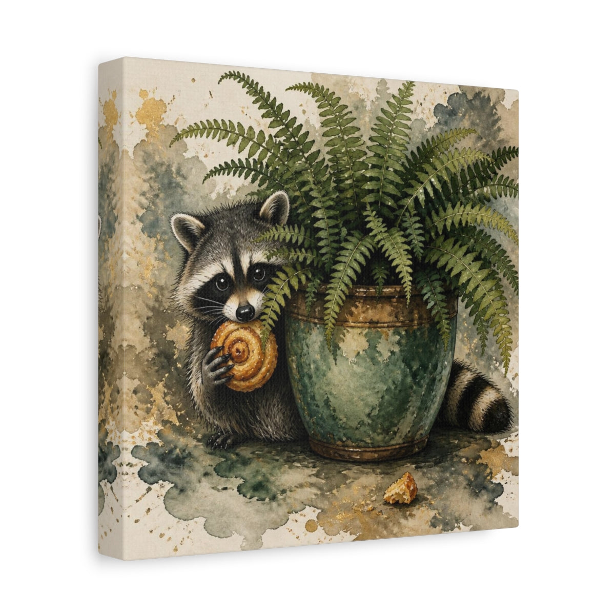Side Mockup 9. Funny Raccoon With Pastry shown as canvas print