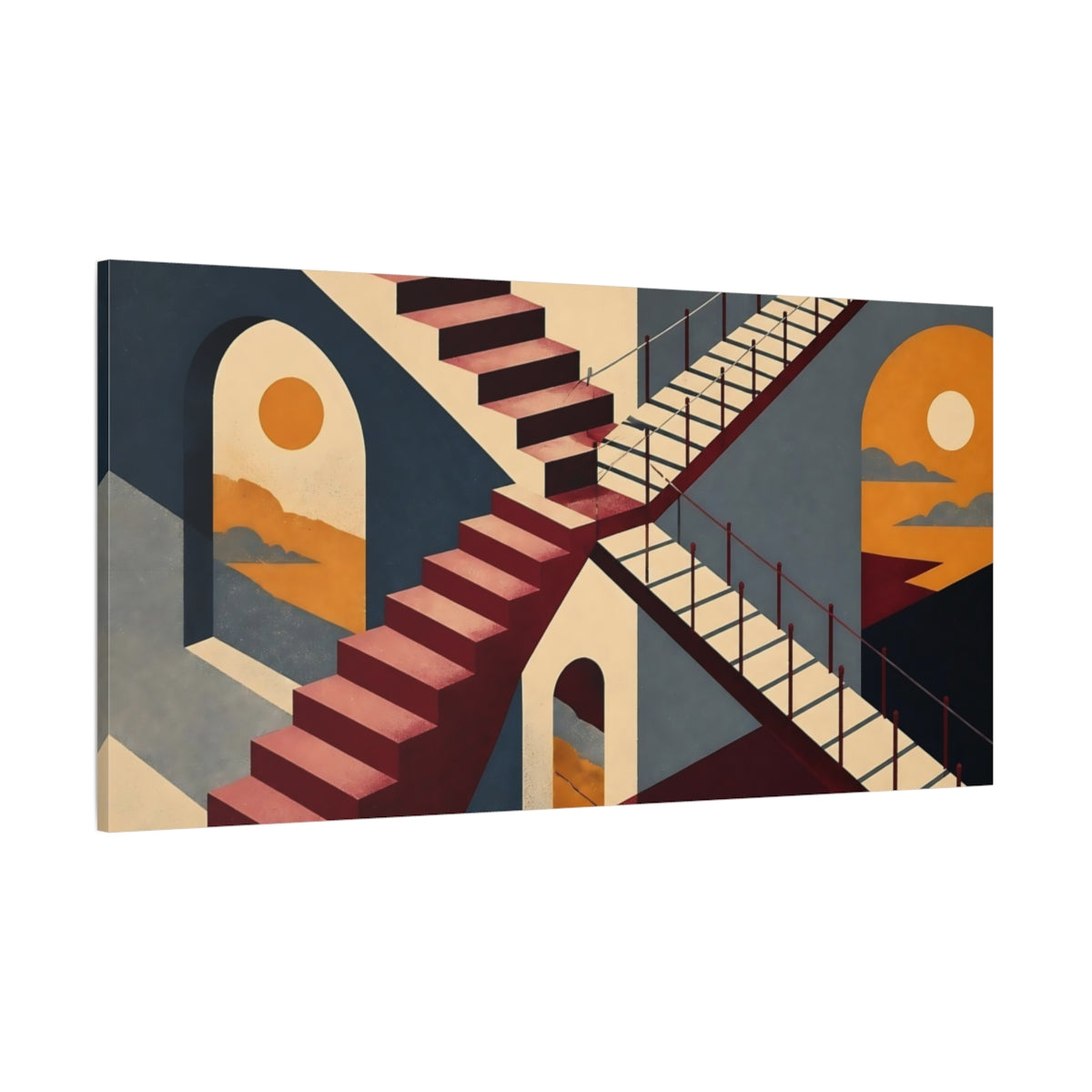 Side Mockup 2. Geometric Staircase Sunset shown as canvas print