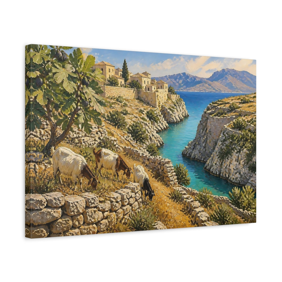 Side Mockup 3. Goats By The Cove shown as canvas print