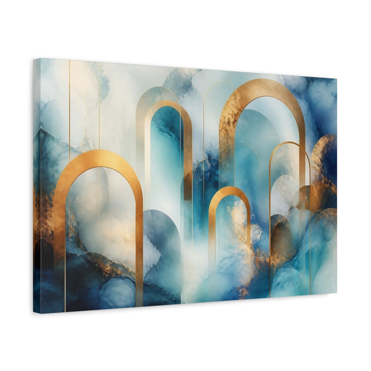 Side Mockup 3. Golden Arches Over Teal Marble shown as canvas print