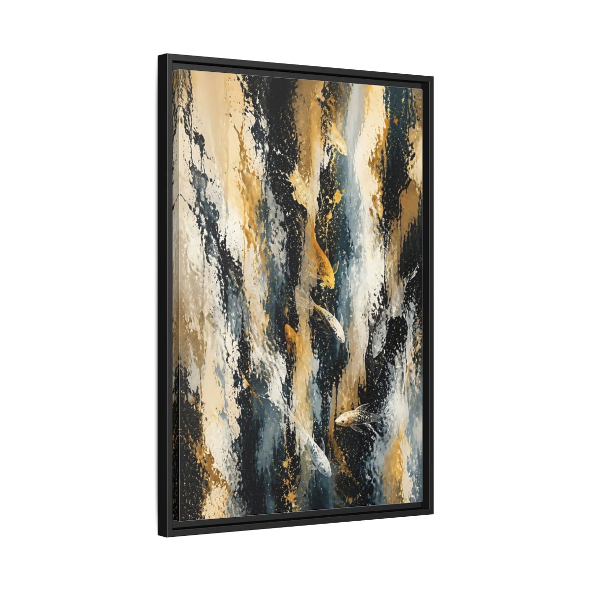 Side Mockup 14. Golden Koi Cascade shown as framed canvas print