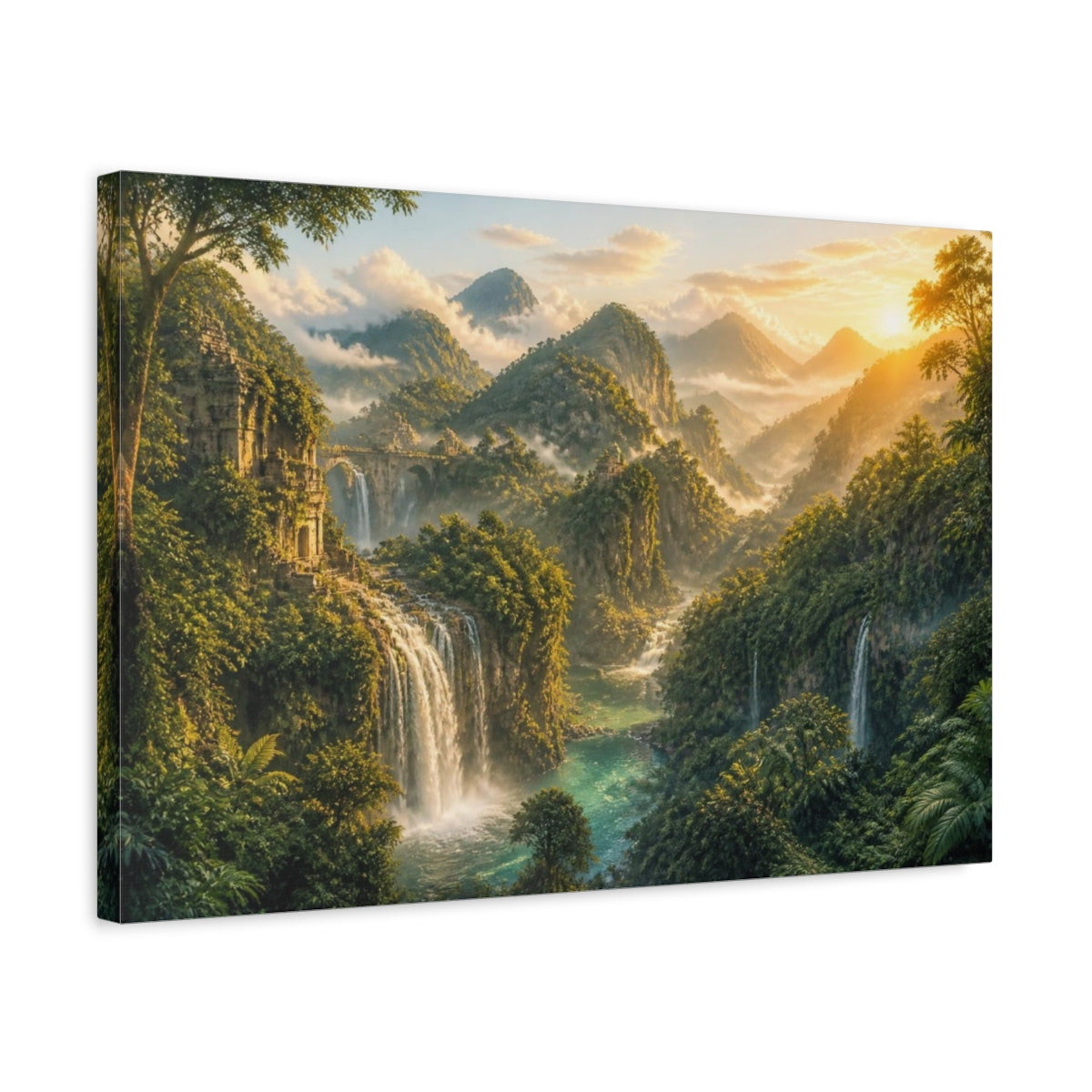 Side Mockup 3. Golden Waterfall Landscape shown as canvas print