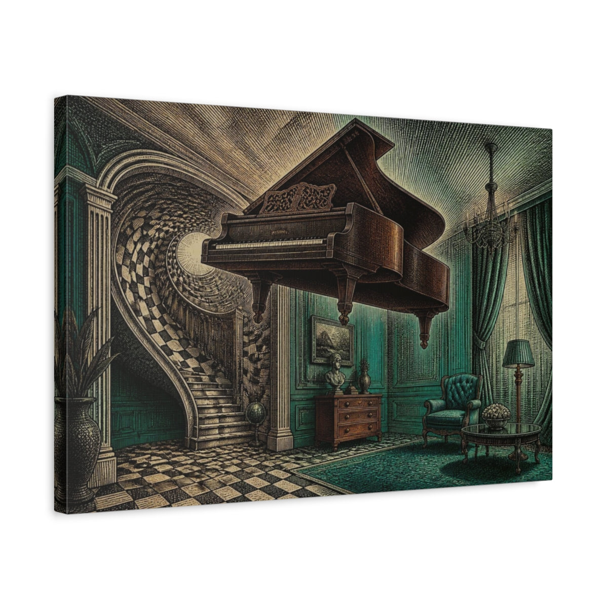 Side Mockup 3. Grand Piano Illusion shown as canvas print