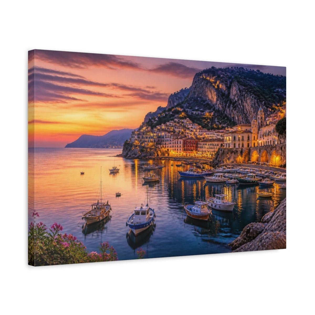 Side Mockup 3. Harbor Landscape At Dusk shown as canvas print