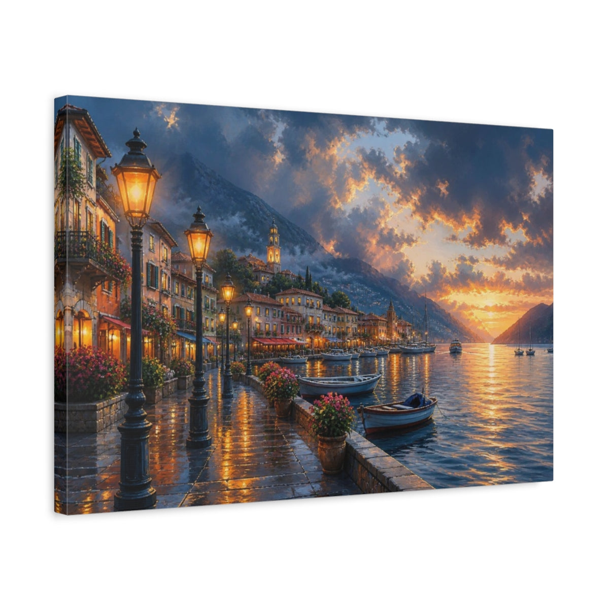 Side Mockup 3. Harbor Town Sunset Landscape shown as canvas print