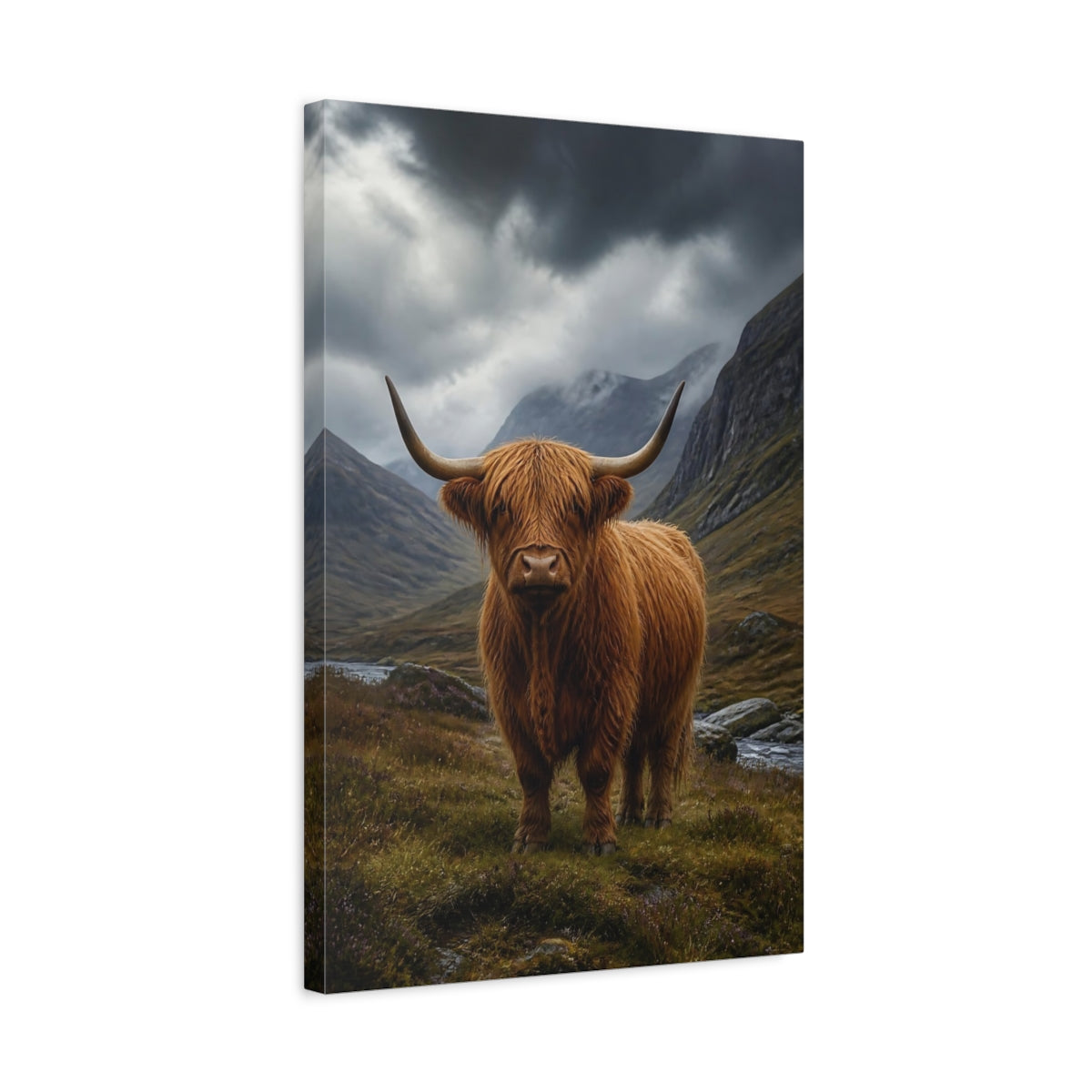 Side Mockup 3. Highland Cow In Glen shown as canvas print