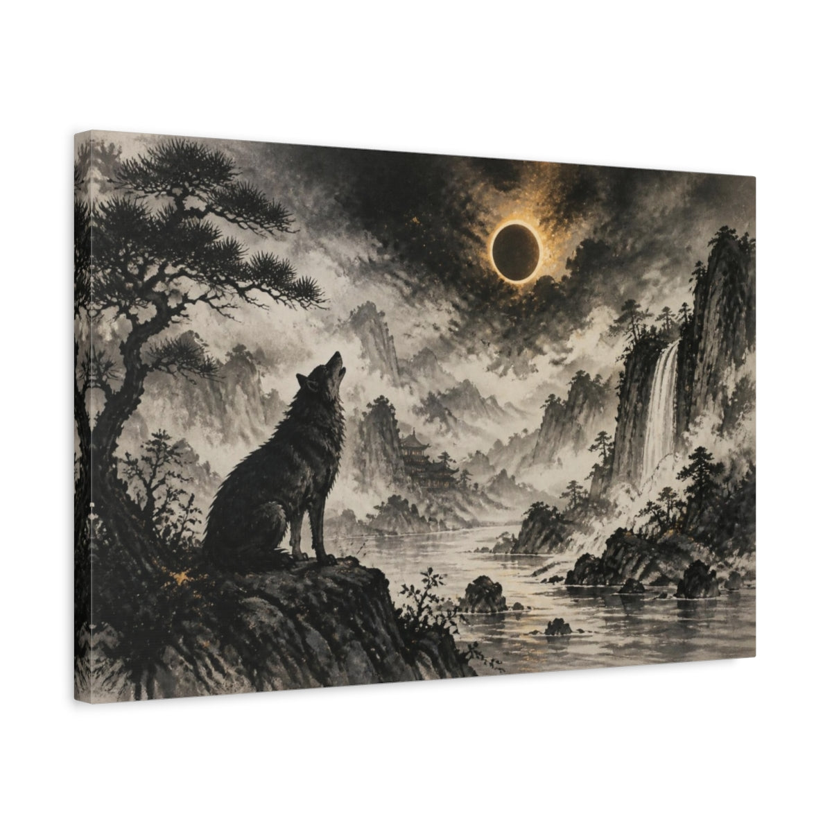 Side Mockup 3. Howling Wolf Eclipse Landscape shown as canvas print