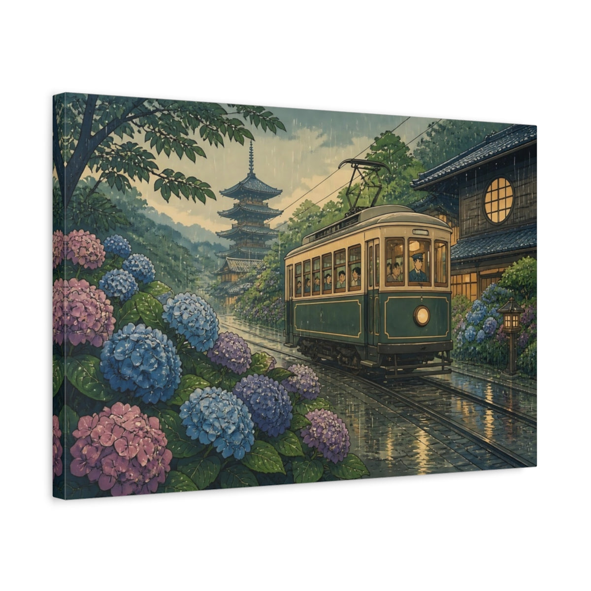Side Mockup 3. Hydrangea Tram In Rain shown as canvas print