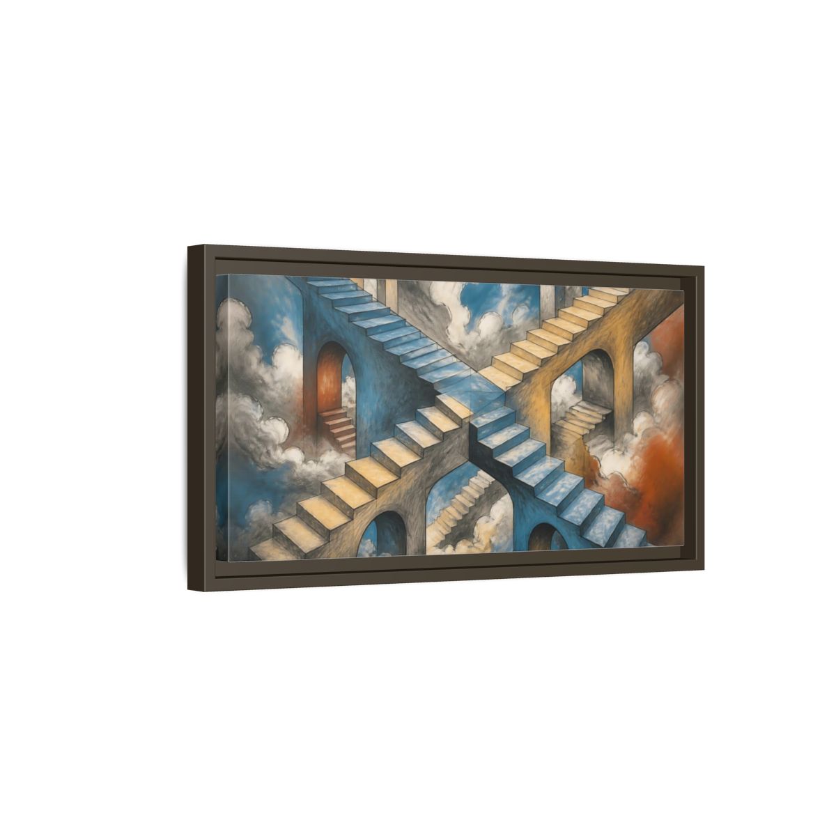 Side Mockup 7. Impossible Staircase Crossroads shown as framed canvas print