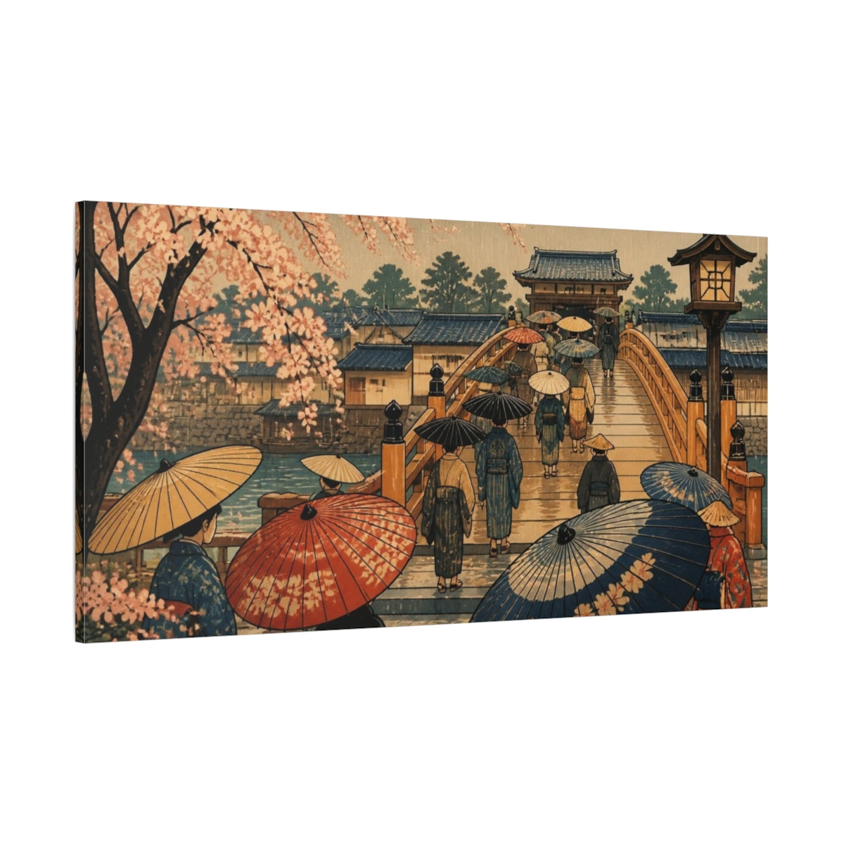 Side Mockup 2. Japanese Cherry Blossom Bridge shown as canvas print