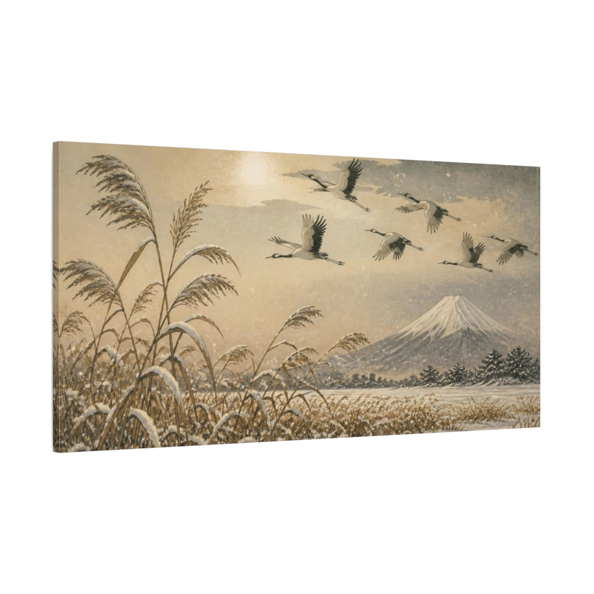 Side Mockup 2. Japanese Crane Flight shown as canvas print