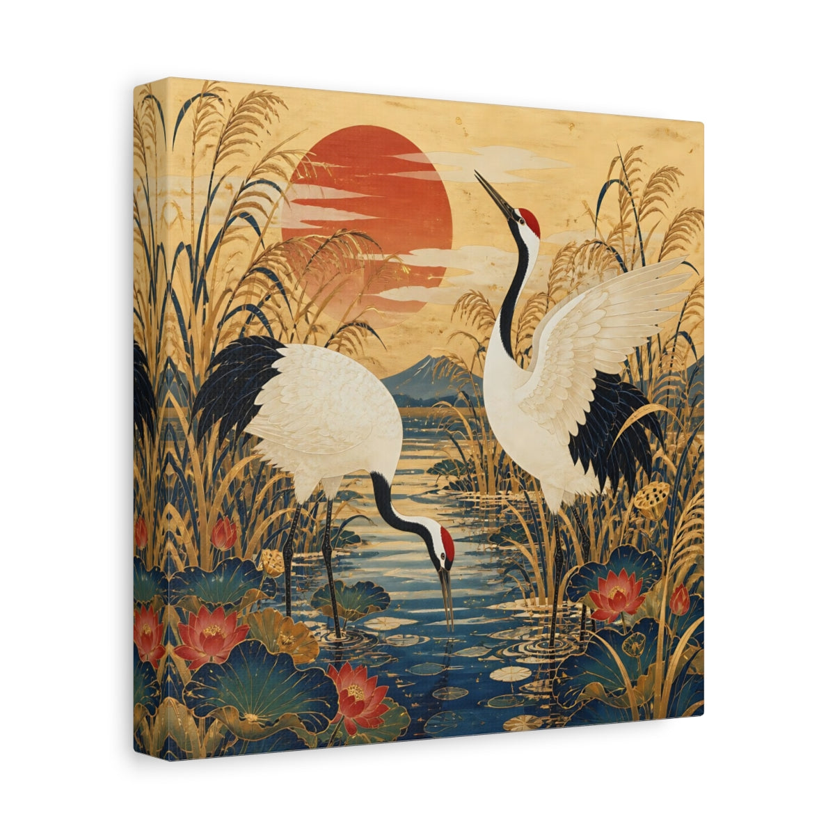 Side Mockup 9. Japanese Crane Pair shown as canvas print