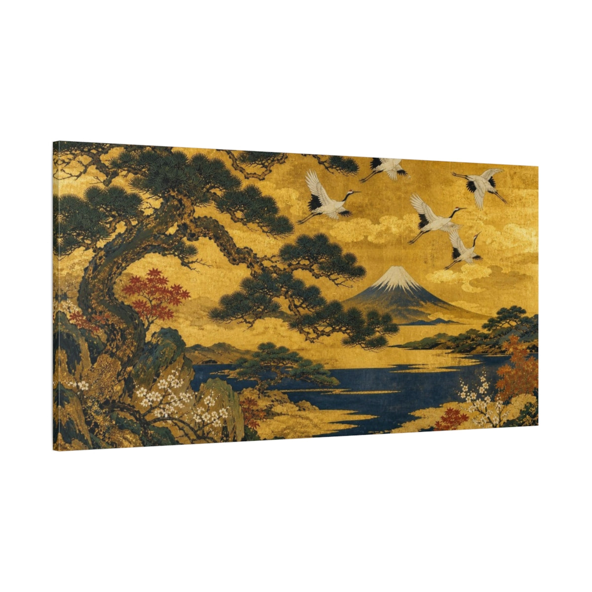 Side Mockup 2. Japanese Cranes Over Fuji shown as canvas print