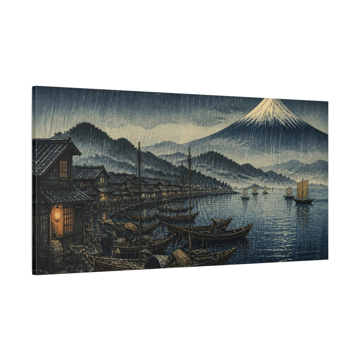 Side Mockup 2. Japanese Fishing Harbor Rain shown as canvas print