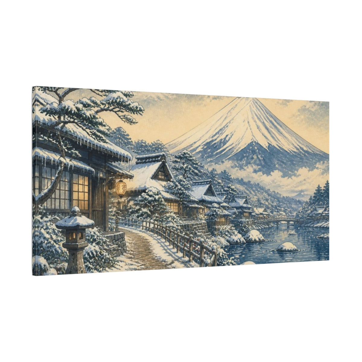 Side Mockup 2. Japanese Fuji Snow Village shown as canvas print