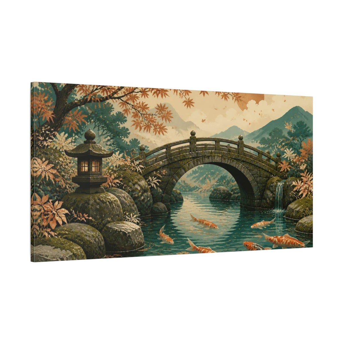 Side Mockup 2. Japanese Koi Stone Bridge shown as canvas print