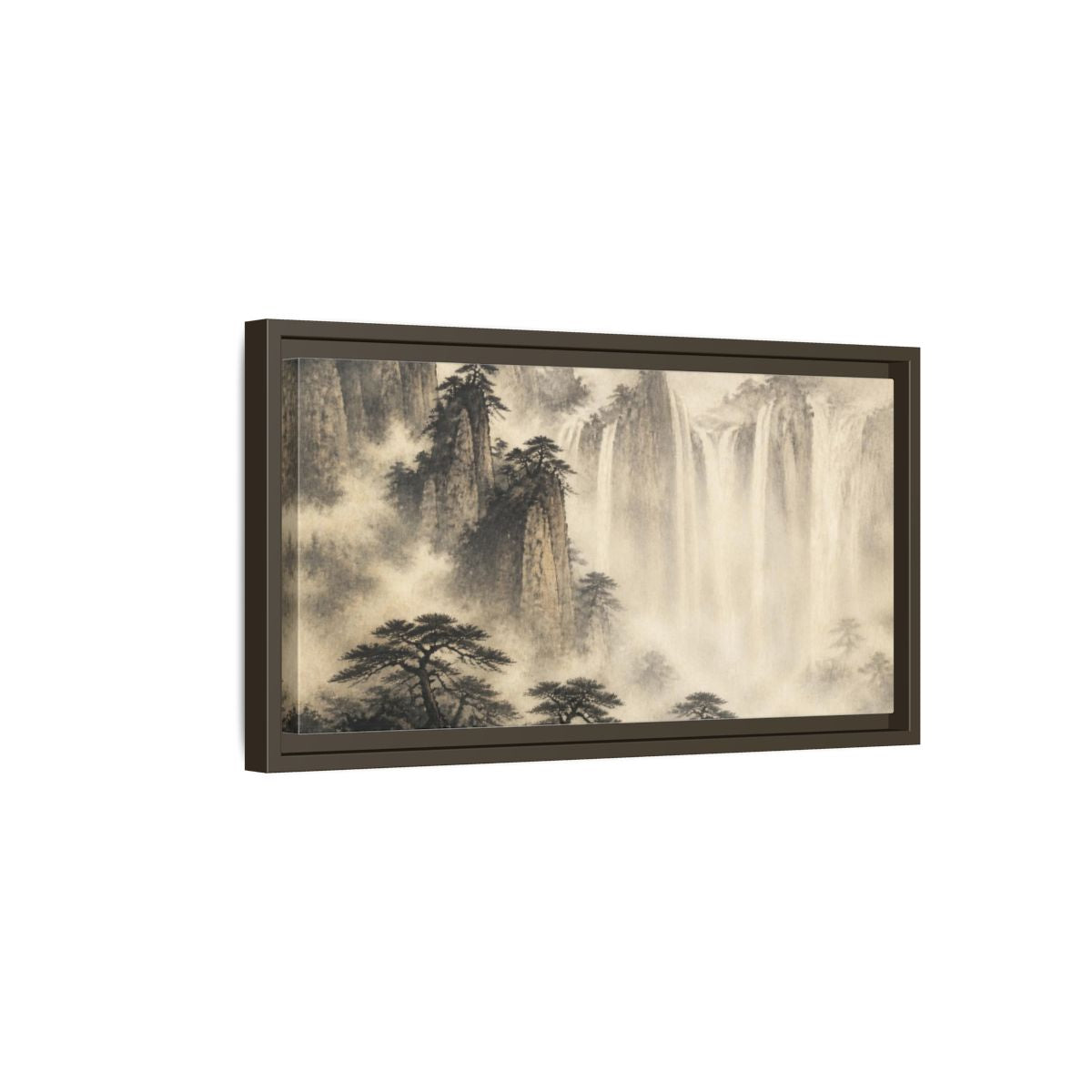 Side Mockup 7. Japanese Misty Waterfall shown as framed canvas print