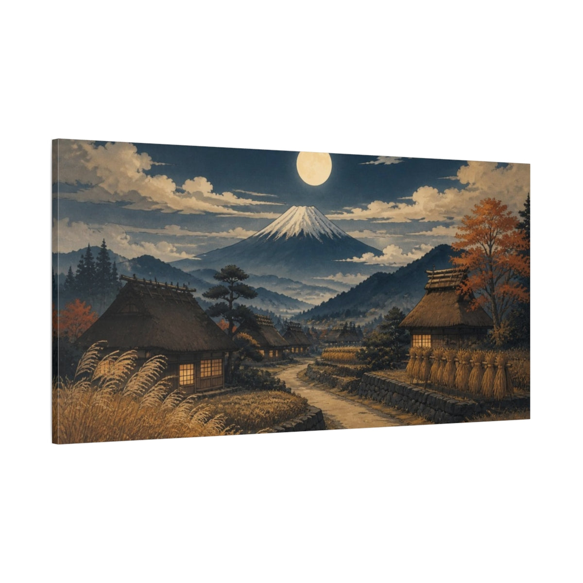 Side Mockup 2. Japanese Moonlit Village shown as canvas print