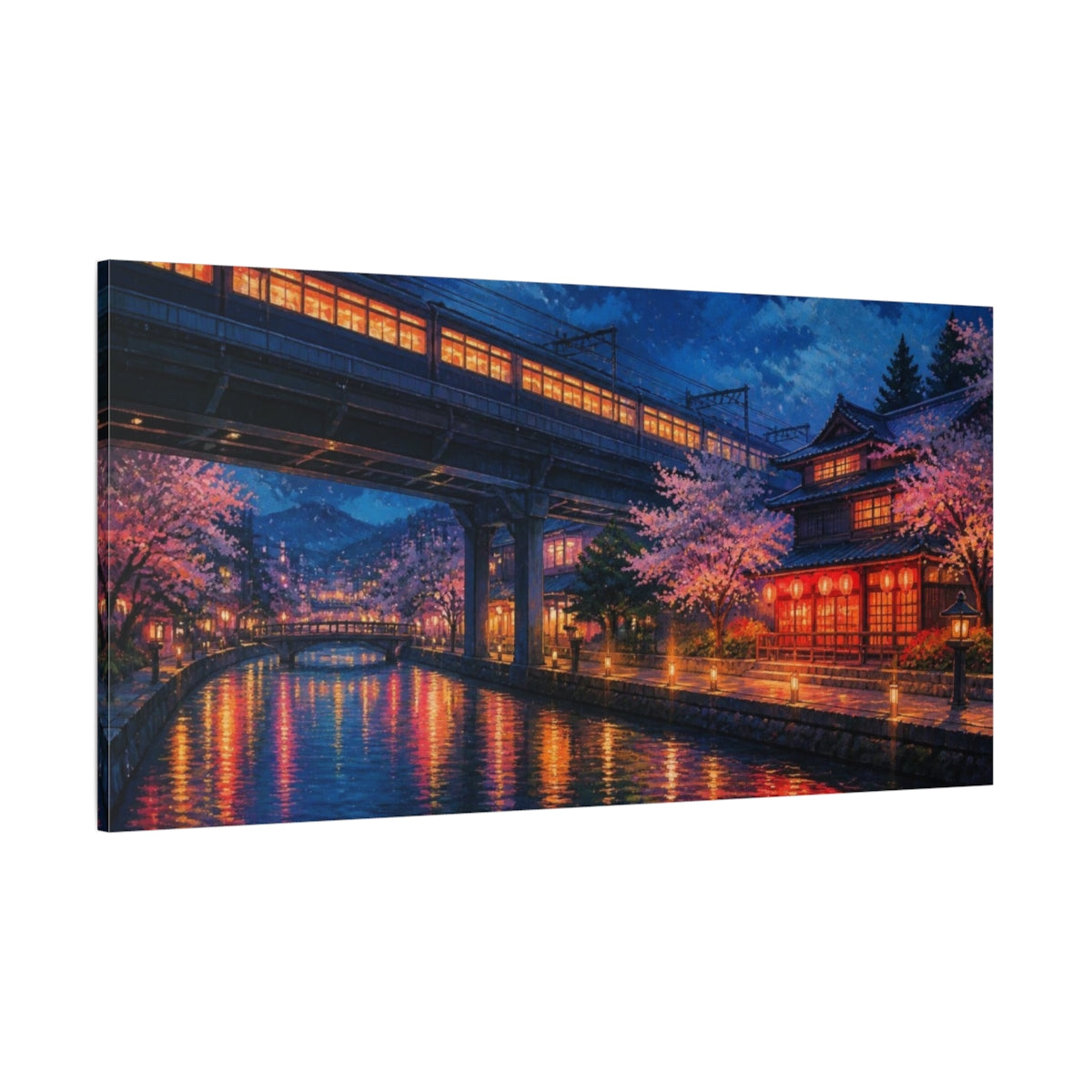 Side Mockup 2. Japanese Night Train shown as canvas print